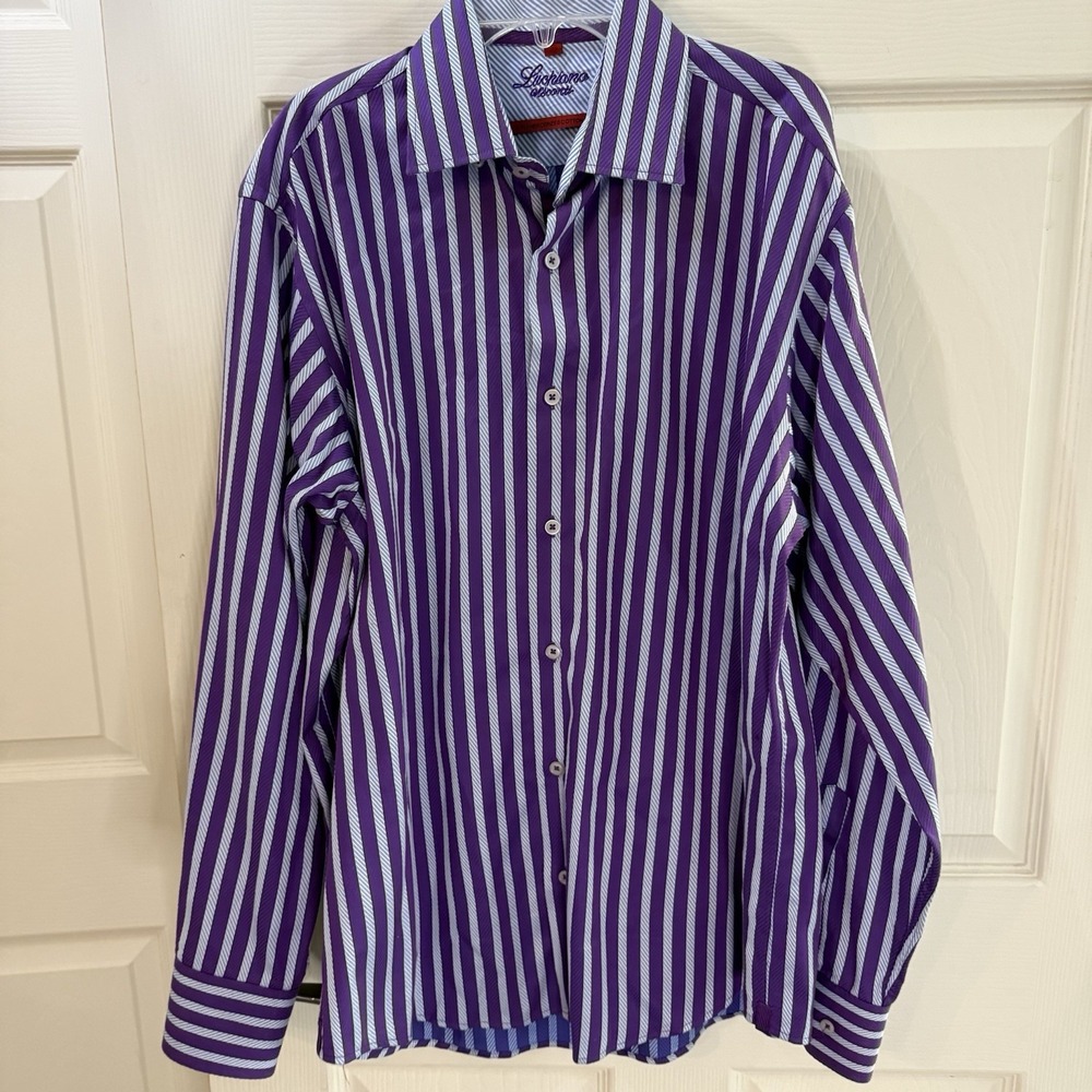 Luchiano Visconti Men's M Button‎ Front Long Sleeve Shirt Purple Blue Business